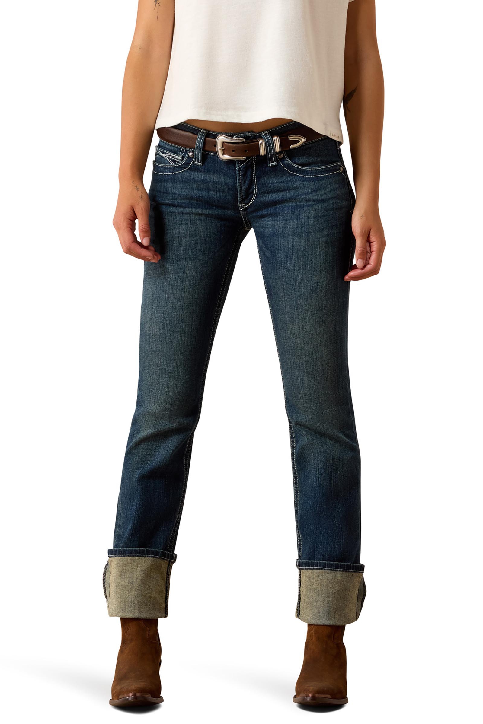 Ocean Ariat R.E.A.L. Mid Rise Stretch Icon Stackable Damen Jeans mit geradem Bein